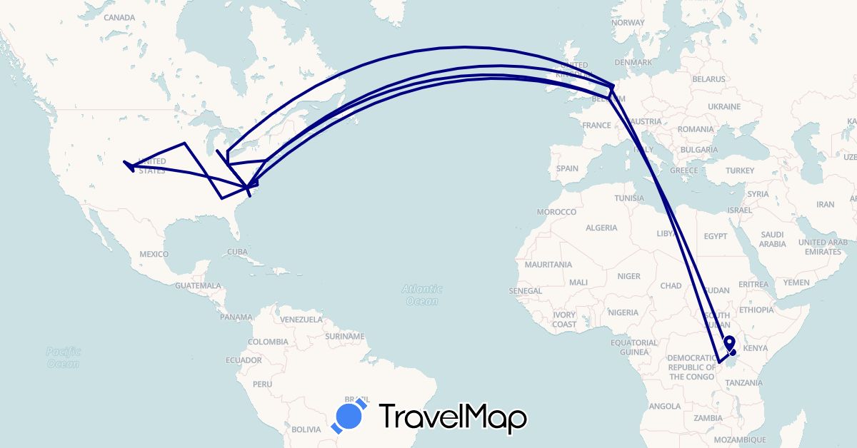 TravelMap itinerary: driving in Belgium, Netherlands, Rwanda, Uganda, United States (Africa, Europe, North America)